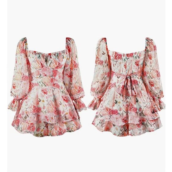 Pink Floral Rose Print Chiffon Ruffle Long Sleeve Romper Short Jumpsuit Playsuit - Picture 5 of 8